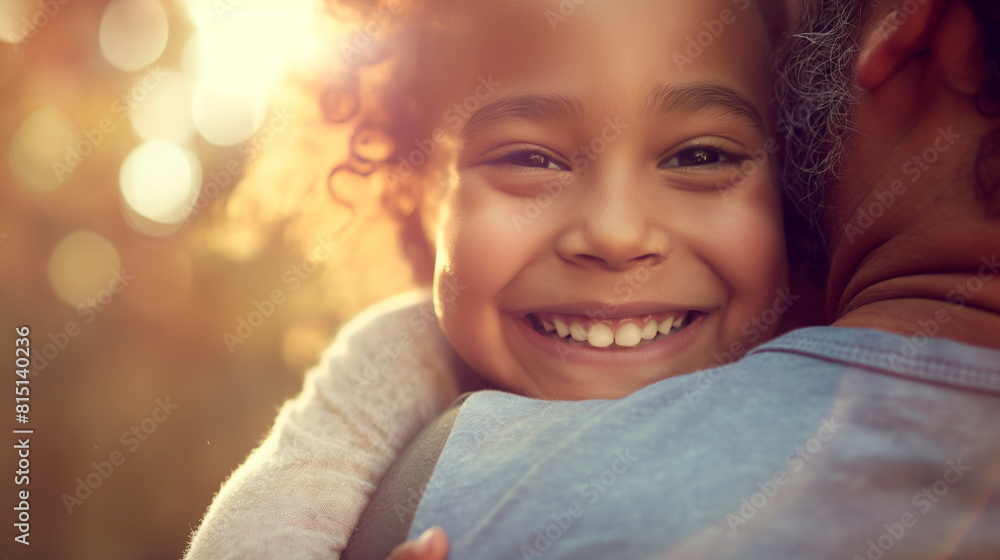 A close-up shot of a child hugging their parent tightly, their faces illuminated by radiant smiles, showcasing the pure and unconditional love between family members. Dynamic and d A close-up shot of a child hugging their parent tightly, their faces illuminated by radiant smiles, showcasing the pure and unconditional love between family members. Dynamic and d