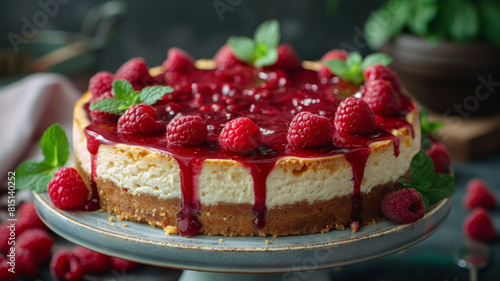 A raspberry-topped cheesecake on a stand