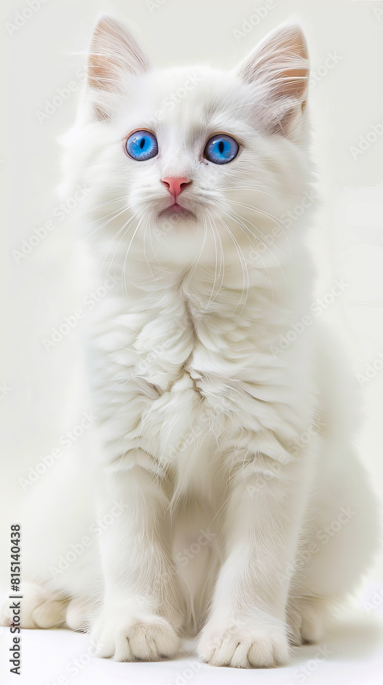 A white cat with blue eyes sitting on a table. A white cat with blue eyes sitting on a table.