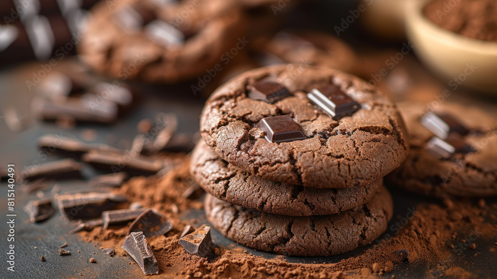 Three chocolate cookies with chocolate pieces Three chocolate cookies with chocolate pieces