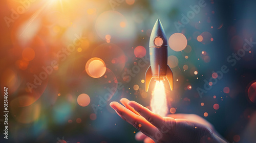 Businessman control rocket is launching and soar flying out from hand to sky for growth business 
