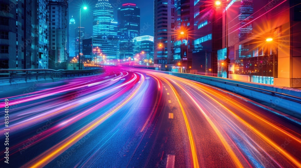 Naklejka premium A city street with a bright neon sign in the background. The street is busy with cars and the lights are on
