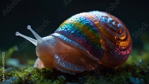 A multicolored snail, Snail in magical fairy forest, Colorful snail, comic art snail, snail with a colored shell snail moves with elegance and grace photo