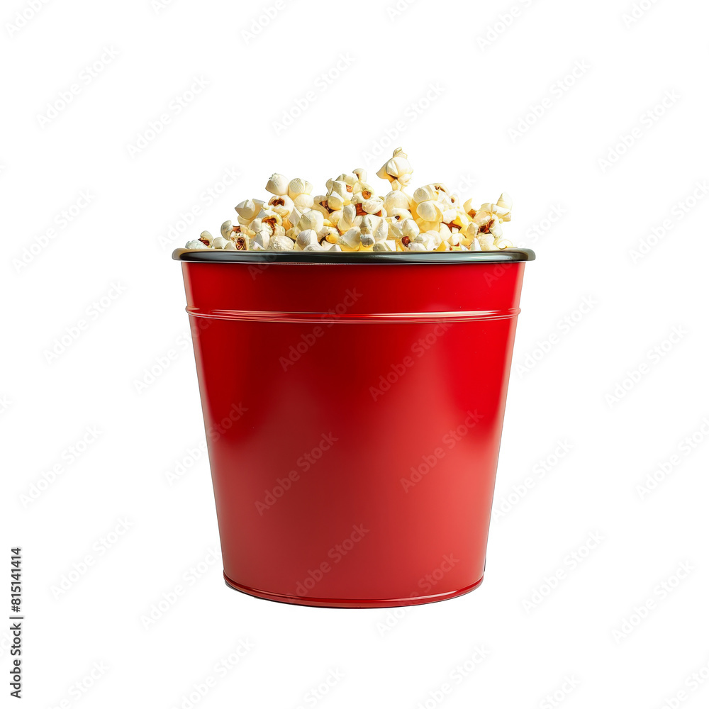 A red bucket brimming with popcorn against a Png background, a Popcorn red bucket isolated on transparent background A red bucket brimming with popcorn against a Png background, a Popcorn red bucket isolated on transparent background