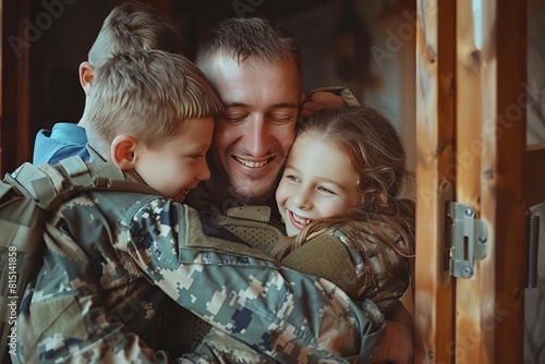 Soldier coming home from duty, hugging his children in the house photo