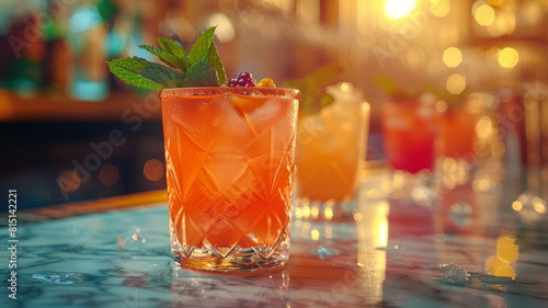 An orange cocktail with garnish on bar counter.