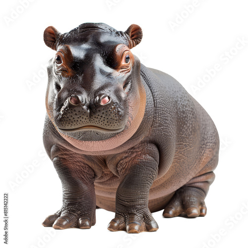 A toy hippopotamus is seated against a white backdrop, a pygmy hippopotamus isolated on transparent background