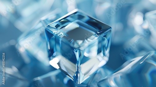 A close-up of a transparent crystal cube on a blue background
