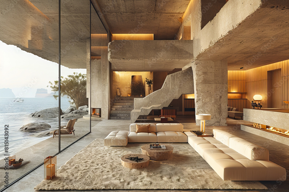 A living room with large windows overlooking the ocean. A living room with large windows overlooking the ocean.