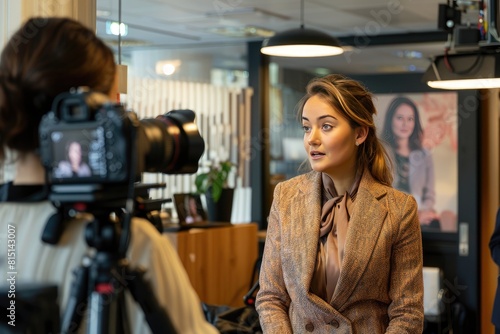 A woman is being interviewed by a cameraman. The woman is wearing a brown jacket and is sitting in front of a wall with a picture of a woman on it