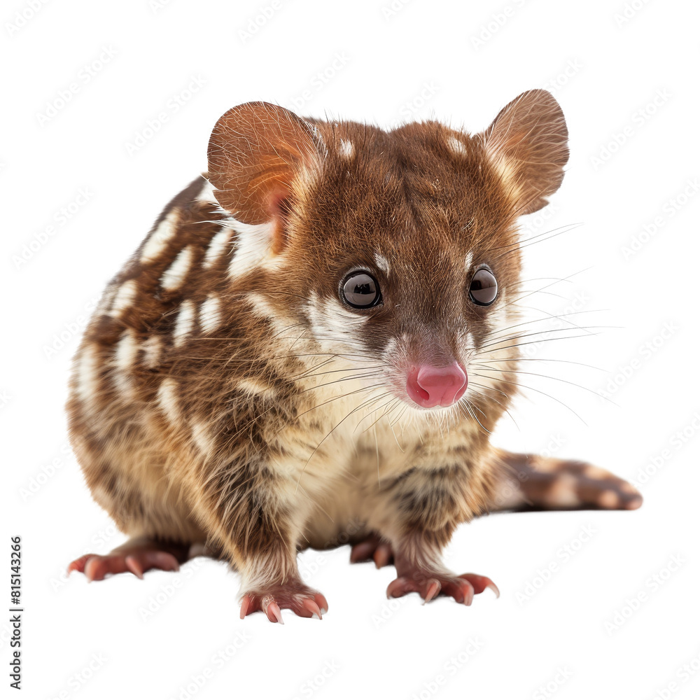 Obraz premium A small spotted possum stands in front of a Png background, a Beaver Isolated on a whitePNG Background