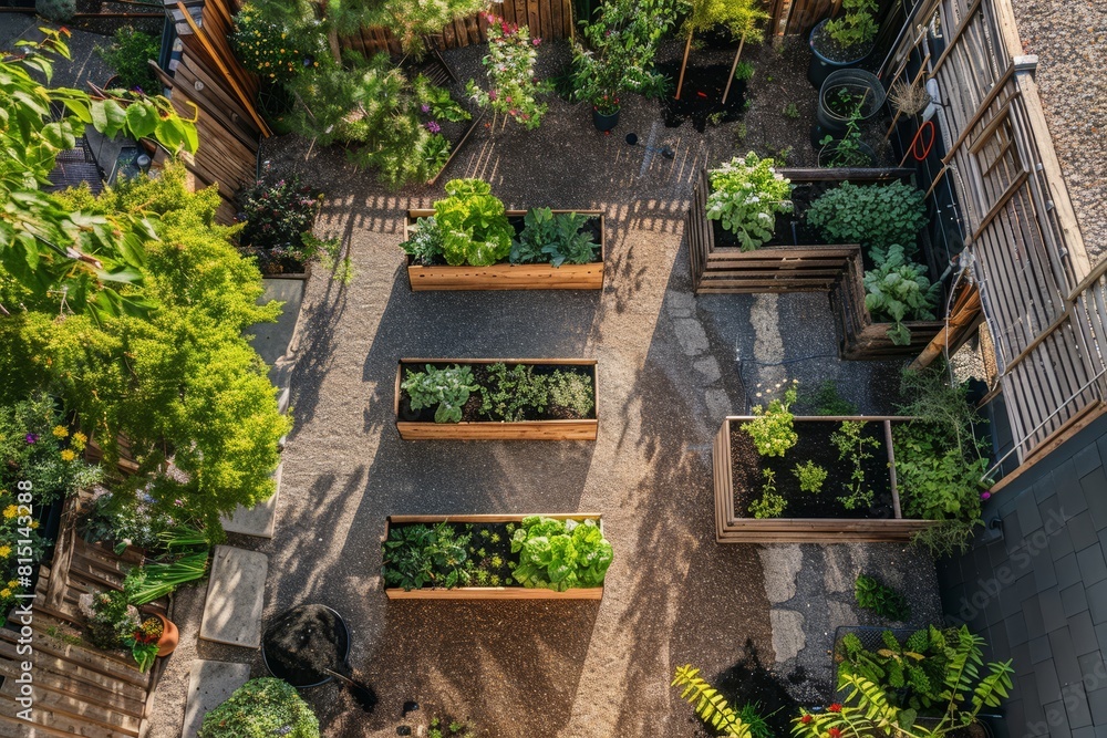 Urban garden with raised beds full of vegetables and a gravel path