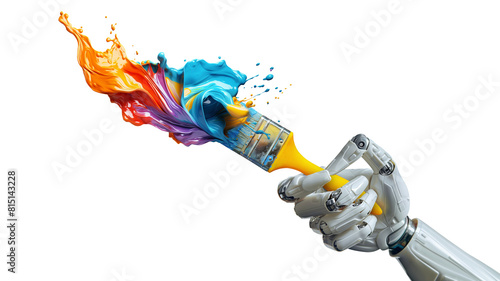 White cyborg robotic hand holds a painting brush. Liquid splash color design and paintbrush. Gradient colorful abstract background, isolated PNG background.