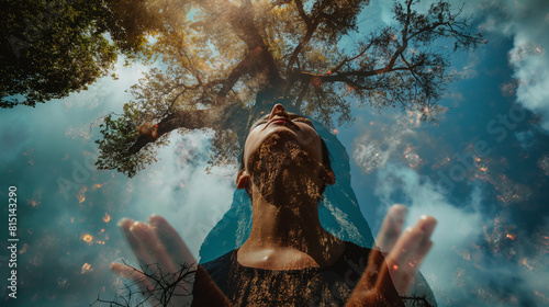 A powerful image of a person embracing a tree with outstretched arms, their face tilted towards the sky in a gesture of gratitude and reverence for the natural world. Dynamic and d