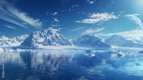 Antarctic landscape with sea and mountains