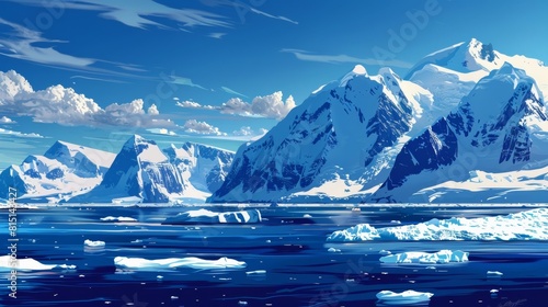 Antarctic landscape with sea and mountains photo