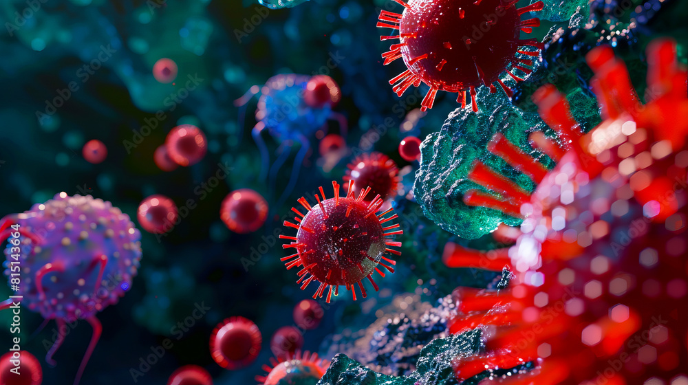 A close up of many red and blue viruses. A close up of many red and blue viruses.