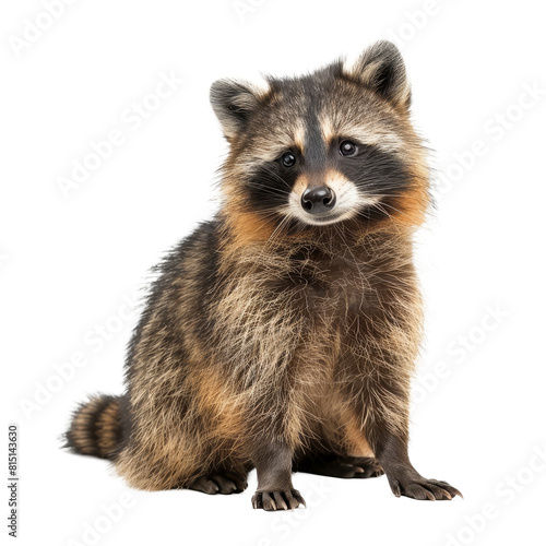 A raccoon sitting in a relaxed position against a plain white backdrop, a raccoon dog isolated on transparent background © Iftikhar alam