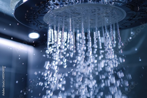 A shower head is spraying water in a shower. The water is falling in a steady stream © At My Hat