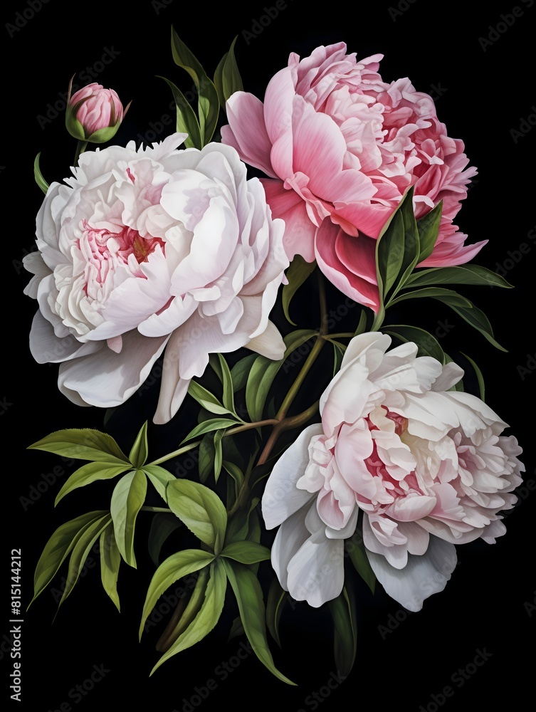 pink and white peonies watercolor drawing on black background pink and white peonies watercolor drawing on black background