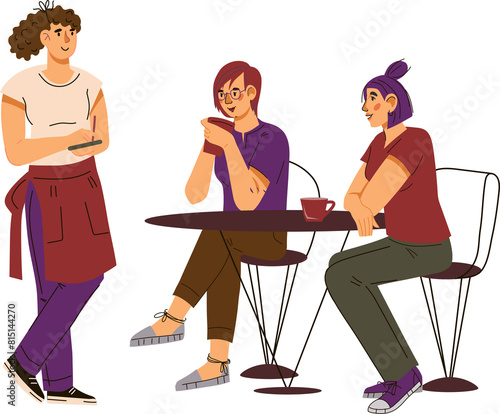 Waitress serving coffee to customers in a coffee shop. Coffee business concept.