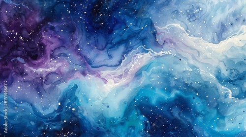 A watercolor galaxy with swirling blues purples and whites dotted with tiny stars