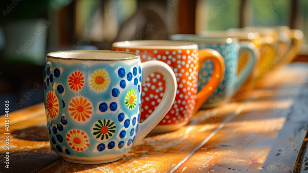 Four patterned mugs on a wooden table Four patterned mugs on a wooden table