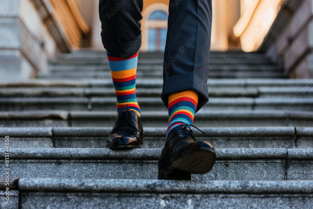 Fototapeta premium Close up photo of a man wearing black shoes and different pair of colorful striped socks,