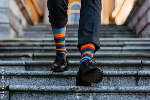 Close up photo of a man wearing black shoes and different pair of colorful striped socks,