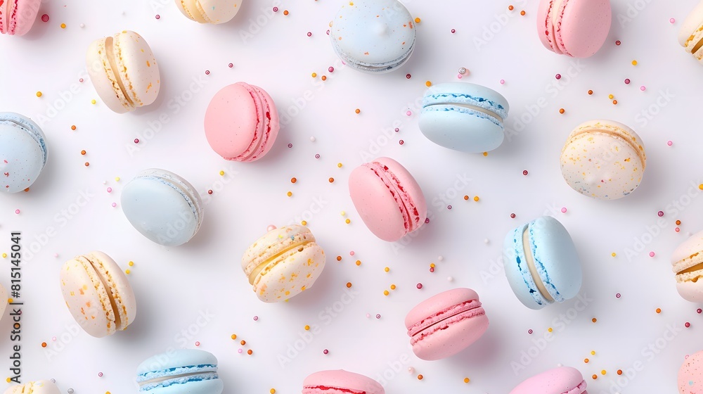 Colorful Macarons with Sprinkles on White Background, Top View, Sweet French Pastries, Ideal for Dessert Blogs and Marketing, Copyspace for Text Colorful Macarons with Sprinkles on White Background, Top View, Sweet French Pastries, Ideal for Dessert Blogs and Marketing, Copyspace for Text