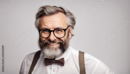 portrait of a bearded, grizzled, bespectacled and stocky professor with a bow tie and a friendly smiling, isolated white background
 photo