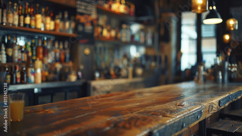 A bar interior with empty wooden counter