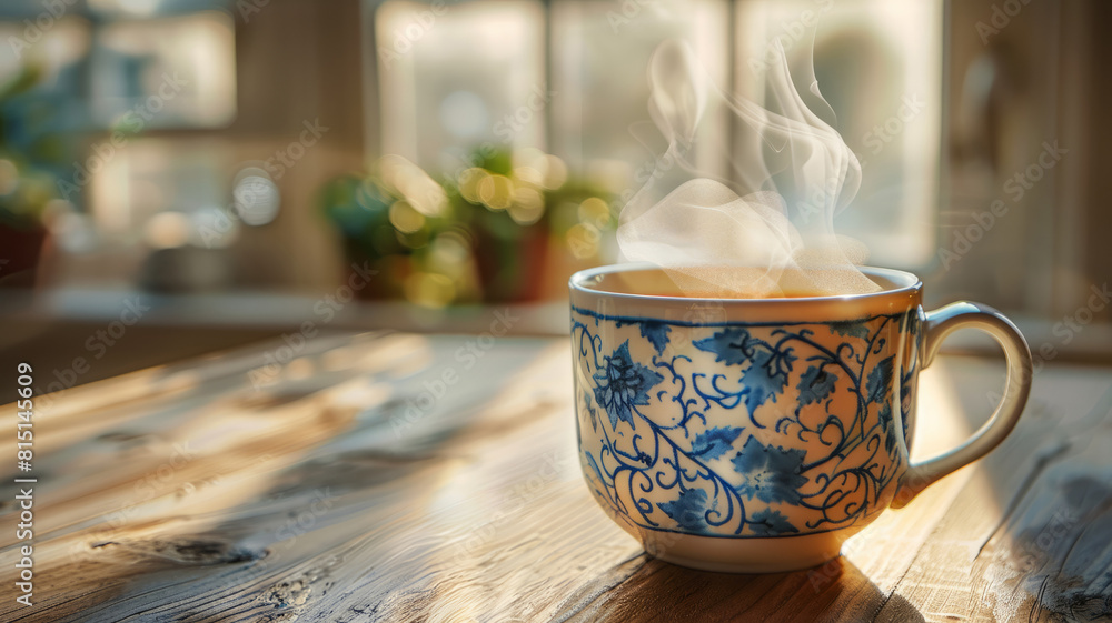 Ceramic mug with hot coffee on table. Ceramic mug with hot coffee on table.