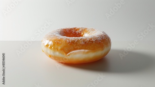 Glazed doughnut photographed from the front on a white surface
