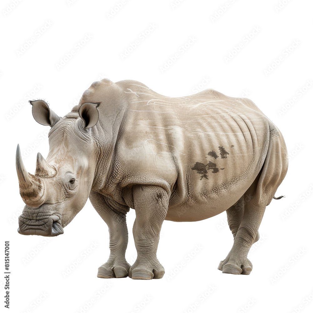 Fototapeta premium A white rhino stands on a plain Png background, a Beaver Isolated on a whitePNG Background