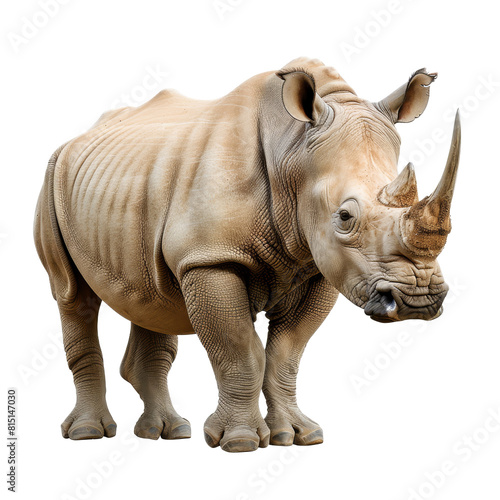 A rhino standing on a plain Png background  showcasing its sturdy build and unique horn  a Beaver Isolated on a whitePNG Background