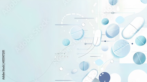 Abstract medical background. Blue and white pills and stethoscope on light blue background.