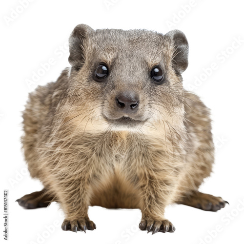 A rock hyrax is seated in front of a plain white backdrop, a rock hyrax isolated on transparent background photo