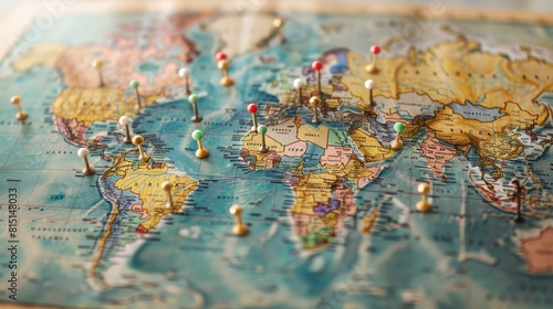 Fototapeta Naklejka Na Ścianę i Meble -  A world map with pins highlighting different locations
