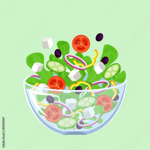 Vector illustration of Greek salad with mixed vegetables and greenery. Healthy fresh salad with tomato, cucumber, red onion, olives and feta cheese