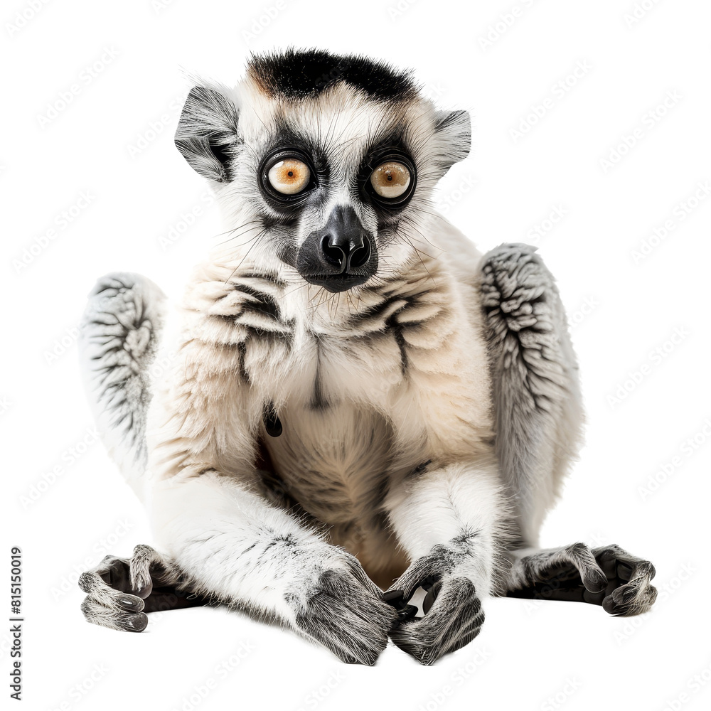 A ring-tailed lemur is seated on a plain white surface, a Beaver Isolated on a whitePNG Background