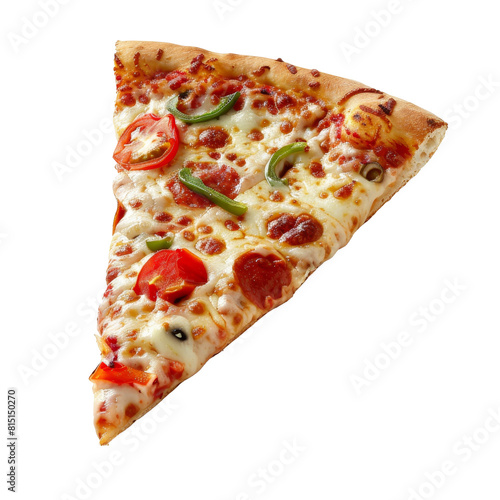 A single slice of pizza, with melted cheese and pepperoni, sits on a plain Png background, a slice of pizza isolated on transparent background