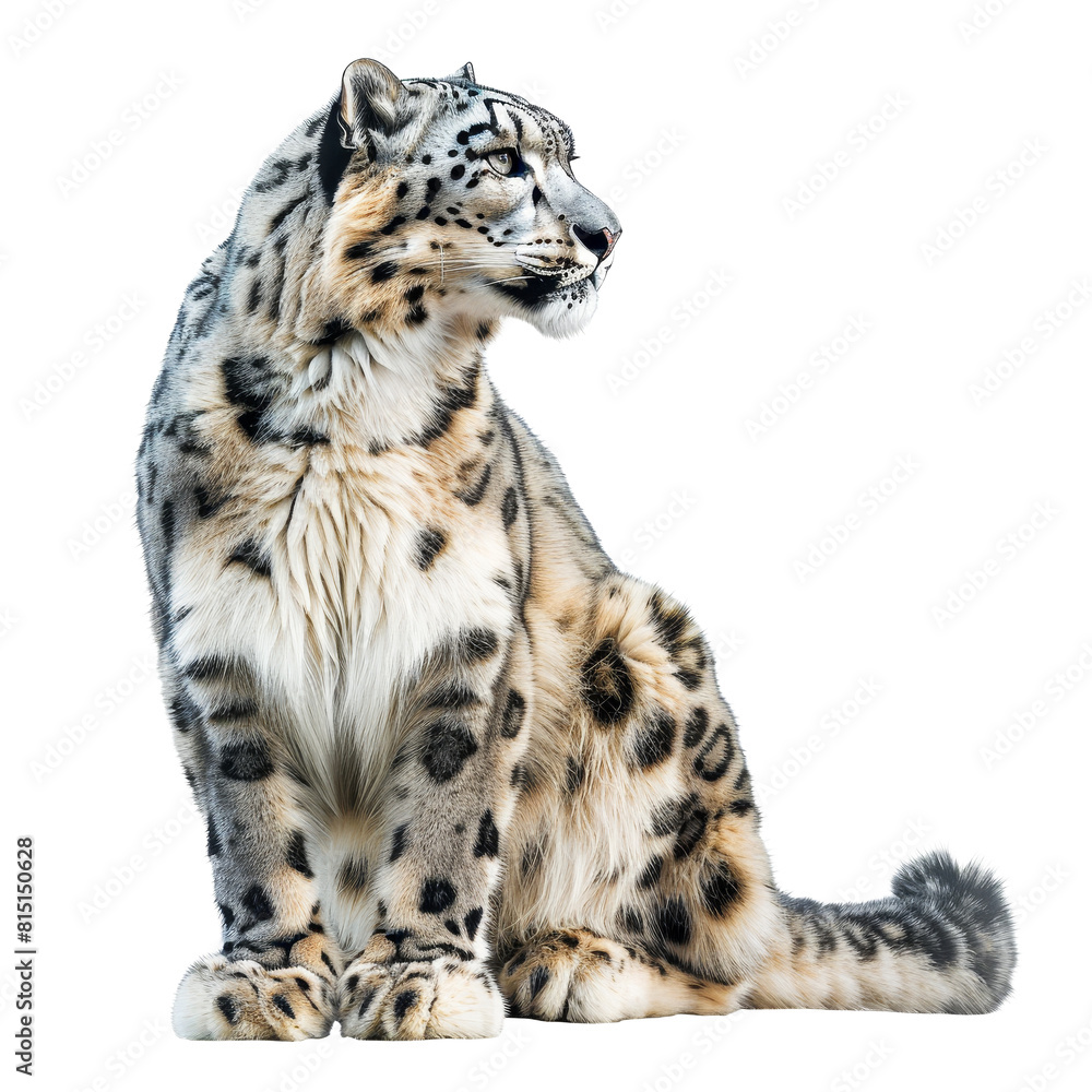 Obraz premium A snow leopard seated in front of a Png background, a snow leopard isolated on transparent background