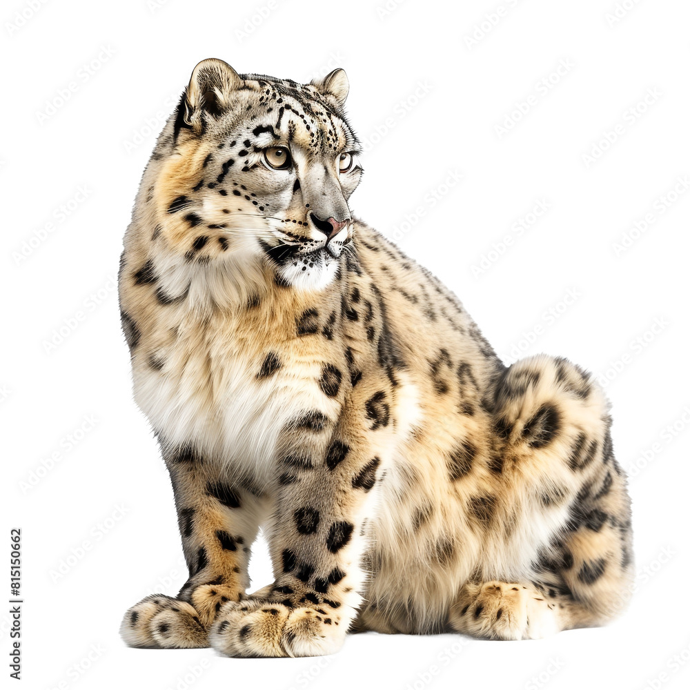 Fototapeta premium A snow leopard sits in front of a plain Png background, a snow leopard isolated on transparent background
