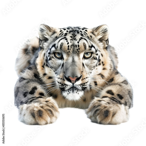 A snow leopard resting on a white surface  a snow leopard isolated on transparent background