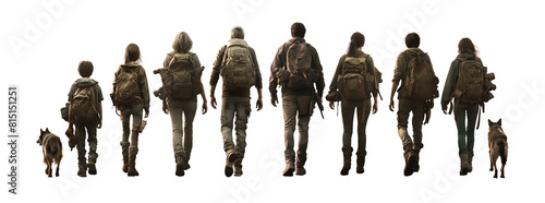 The ultimate post-apocalypse survivors mega pack. Family. Man, woman, children. Grandparents, parents, sons and daughters. Dogs. Walking away, full view, back view. Dystopian hikers - survivors.