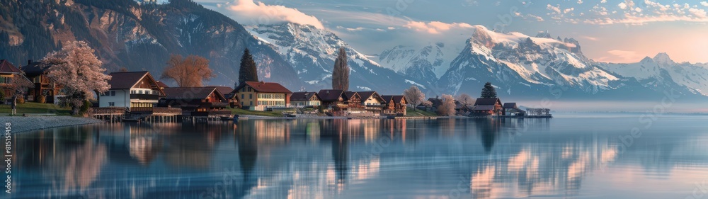 A view of houses along a lake with towering mountains in the background A view of houses along a lake with towering mountains in the background