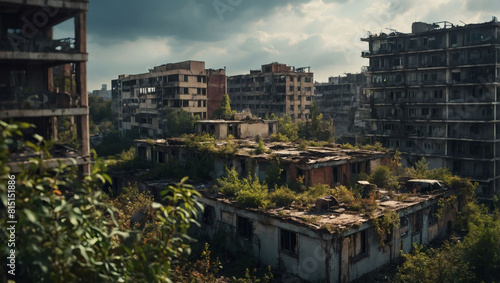 Dystopian Decay  Post-Apocalyptic Cityscape with Overgrown Buildings  Digital Art.