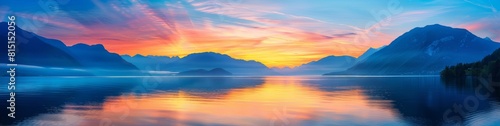 A panoramic view of the colorful sunset over serene waters  with mountains in the background Generative AI