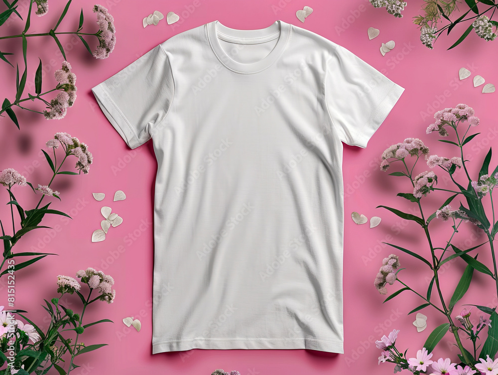 A white t - shirt mockup on a pink background. A white t - shirt mockup on a pink background.